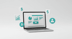 Ilustração 3D minimalista com notebook central exibindo landing page, ao redor três ícones flutuantes (gráfico de crescimento, cifrão e avatar de usuário), fundo branco e detalhes em teal.